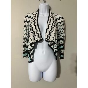 Cache Knit Cardigan M Chevron Zig Zag Open Front Black White Blue Rayon